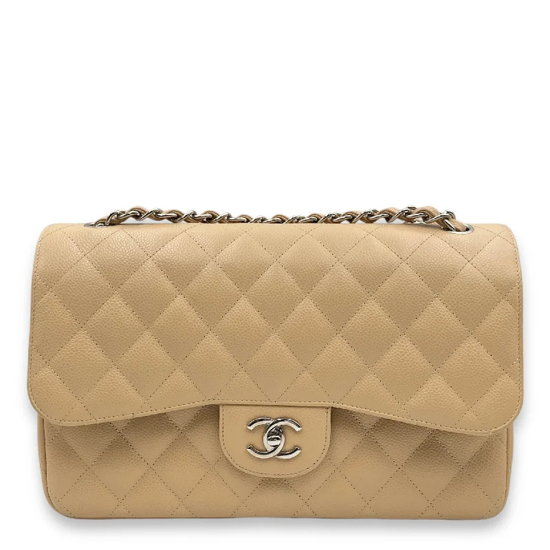 Inspired By You, Designed For You Classic (DF) Jumbo Beige Shoulder Bag in Caviar Leather, Silver hardware Stylish Totes, Special Discounts Inspired By You, Designed For You Classic (DF) Jumbo Beige Shoulder Bag in Caviar Leather, Silver hardware Stylish Totes, Special Discounts