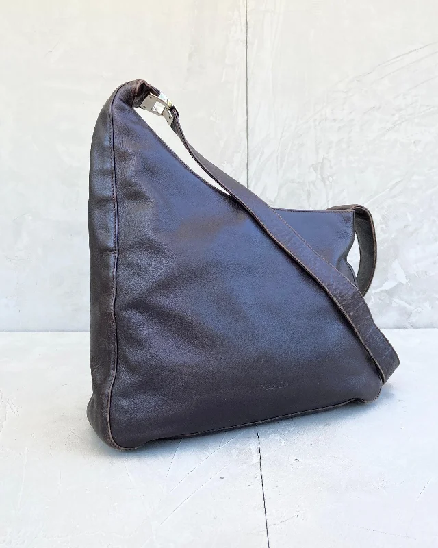 PRADA ASYMMETRIC BROWN LEATHER SHOULDER BAG Trendy Backpacks With Big Discounts