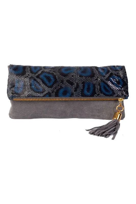 Cece Grey & Cobalt Python Reversible to Grey Suede Foldover Clutch Seasonal Sale On Trendy Handbags Cece Grey & Cobalt Python Reversible to Grey Suede Foldover Clutch Seasonal Sale On Trendy Handbags