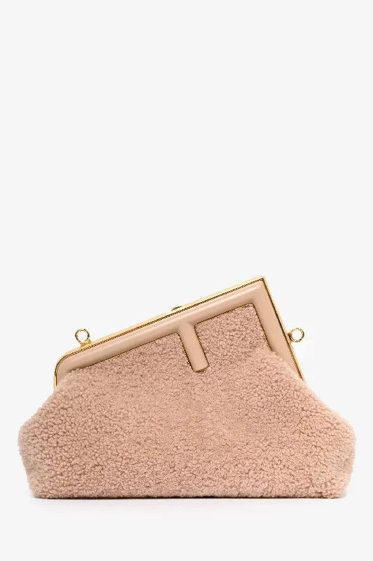 Fendi Pink Shearling Small First Clutch with Strap Trendy Handbags, Limited-Time Sale