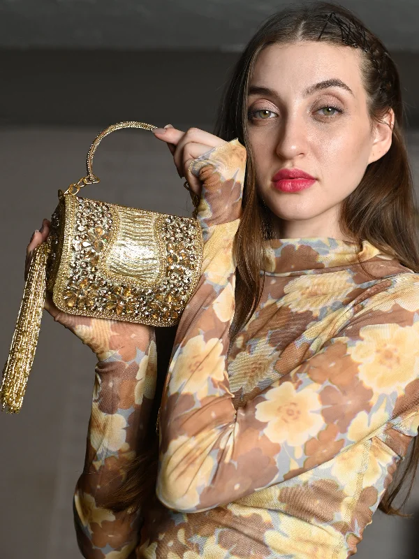 Odette Golden Tasseled Structured Round Clutch For Women Timeless Handbags Now At Special Discounts