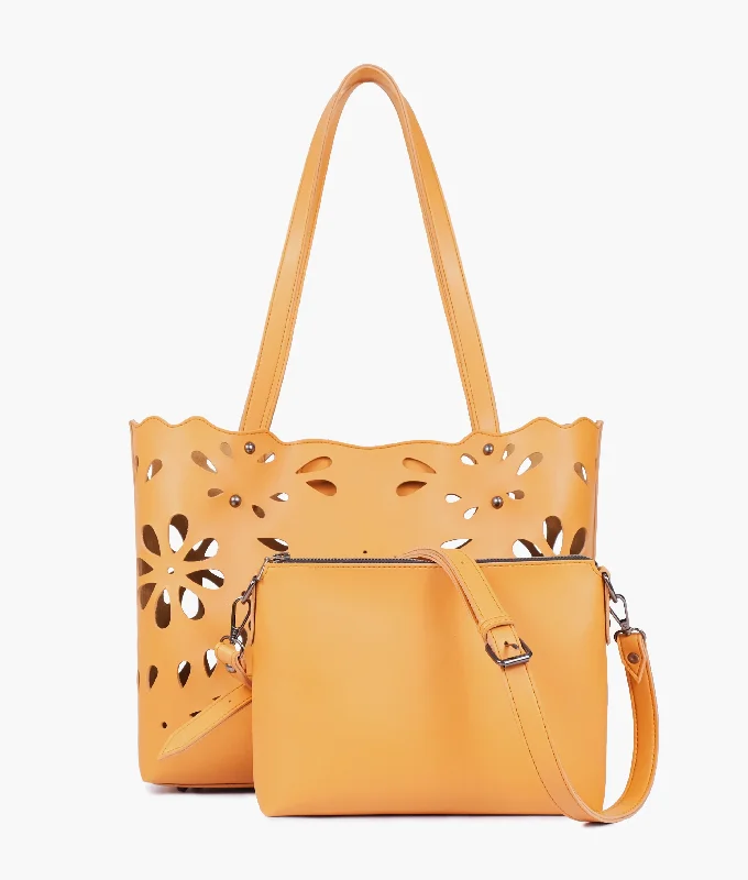 Mustard two-piece floral tote Timeless Handbags At Reduced Prices