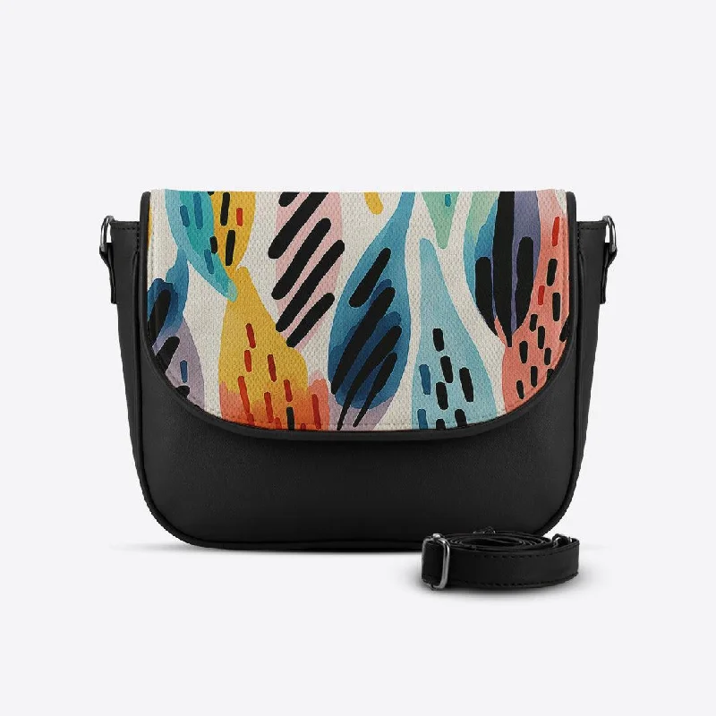 Black Messenger Crossbody Drawen Leafs Chic Shoulder Bags At Promotional Rates