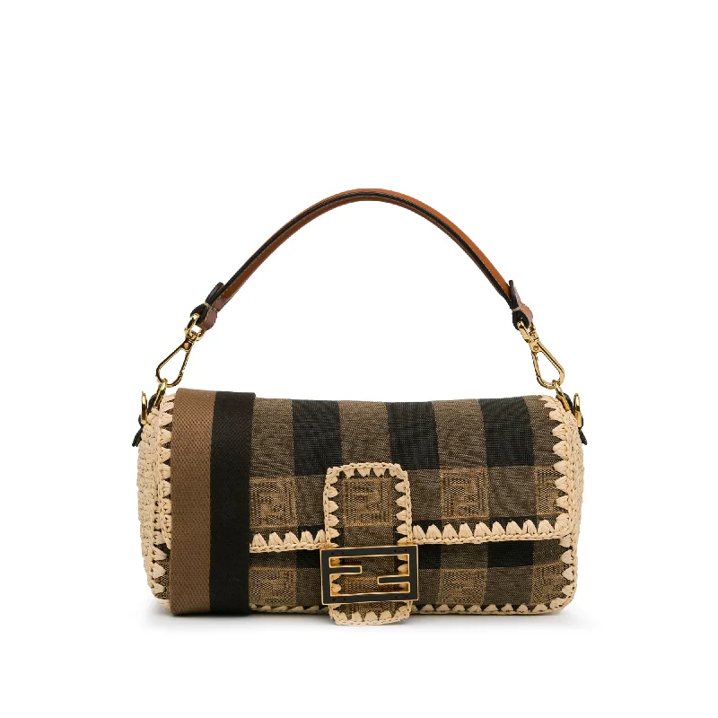 Brown Fendi Pequin Gingham Canvas And Raffia Baguette Satchel Elegant Bags, Limited Stock Brown Fendi Pequin Gingham Canvas And Raffia Baguette Satchel Elegant Bags, Limited Stock