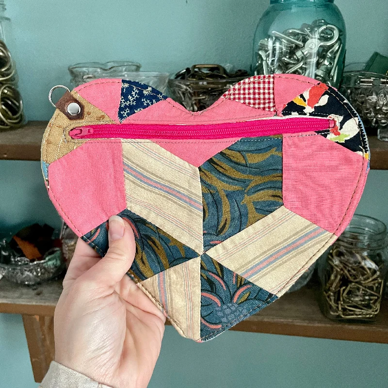 SHIPS TODAY Antique Quilt Heart Zipper Pouch Flash Sale On Designer Bags