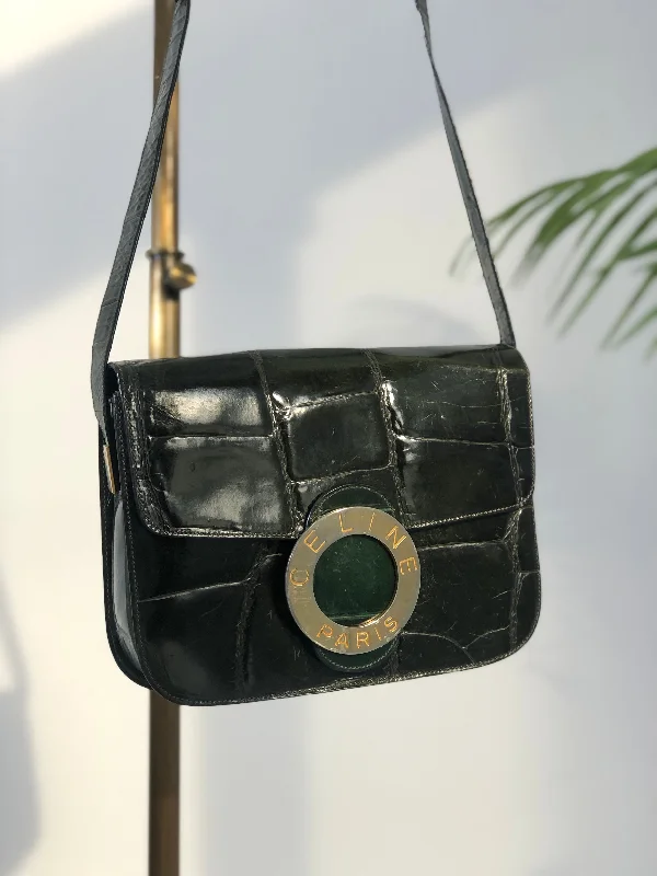 CELINE Circle Logo Crocodile Crossbody Leather Shoulder bag Green Vintage vhep44 Statement Bags With Exclusive Savings CELINE Circle Logo Crocodile Crossbody Leather Shoulder bag Green Vintage vhep44 Statement Bags With Exclusive Savings