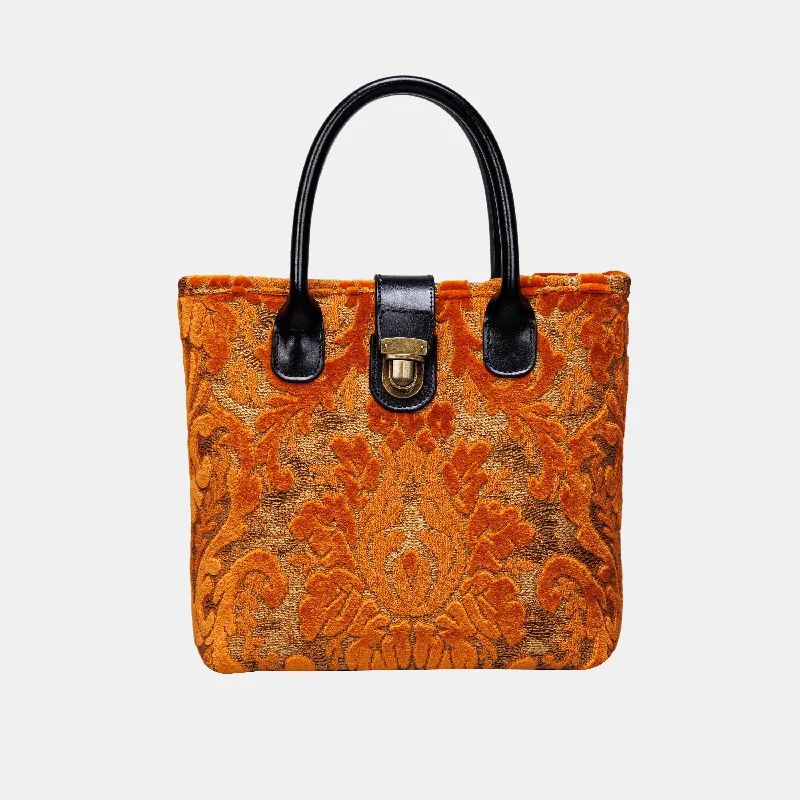 Burnout Velvet Orange Tuck Lock Carpet Satchel Must-Have Bags, Big Discounts