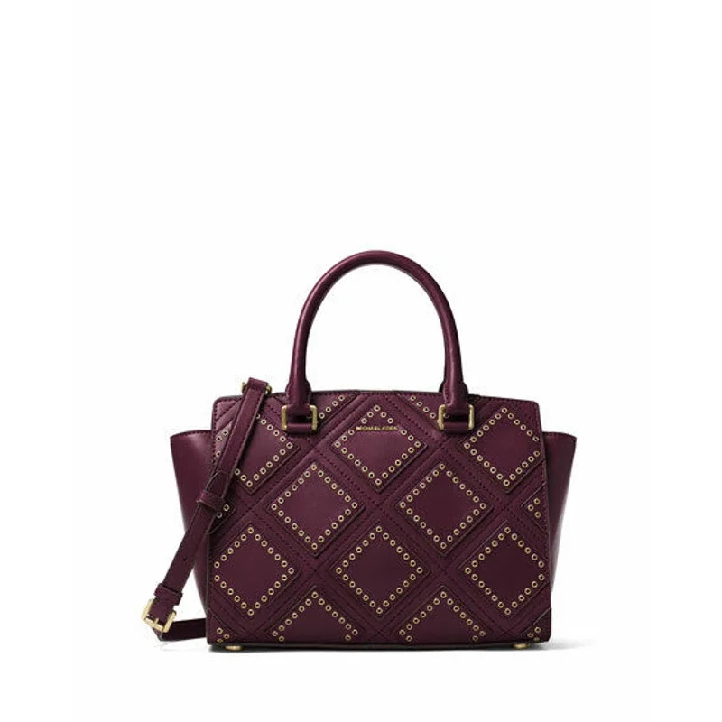 MICHAEL KORS, Diamond Grommet Selma Satchel, Plum/Gold, Leather Elegant Bags, Limited Stock Available MICHAEL KORS, Diamond Grommet Selma Satchel, Plum/Gold, Leather Elegant Bags, Limited Stock Available